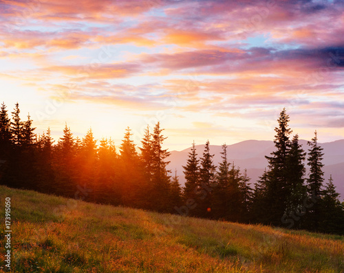 mountain range in the Carpathian Mountains in the autumn season. Fantastic sunset. Ukraine, Europe