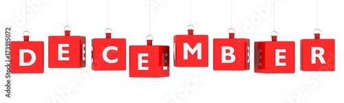 December calendar background - word text on glossy red cubes hanging on white background