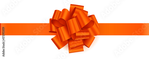 Vector orange bow with orange horizontal ribbon isolated on white background.