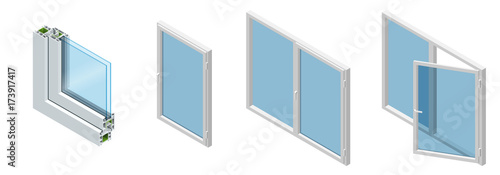 Isometric Cross section through a window pane PVC profile laminated wood grain, classic white. Set of Cross-section diagram of glazed windows.