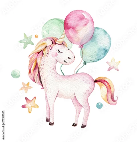 Naklejka na ścianę Na białym tle ładny akwarela jednorożca clipart. Ilustracja jednorożce przedszkola. Plakat tęczy księżniczki jednorożce. Modny różowy kreskówka koń.