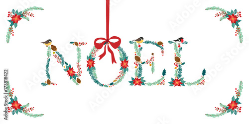 Cute vintage hand drawn rustic floral Christmas quote