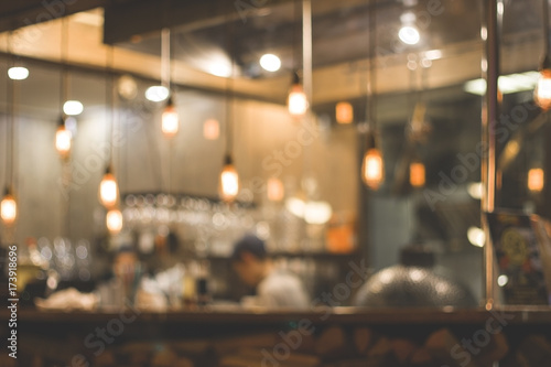 Abstract blurred bokeh (defocused) restaurant, cafe, bar, pub, nightclub, coffee shop or pizzeria background. Basic background for design. photo