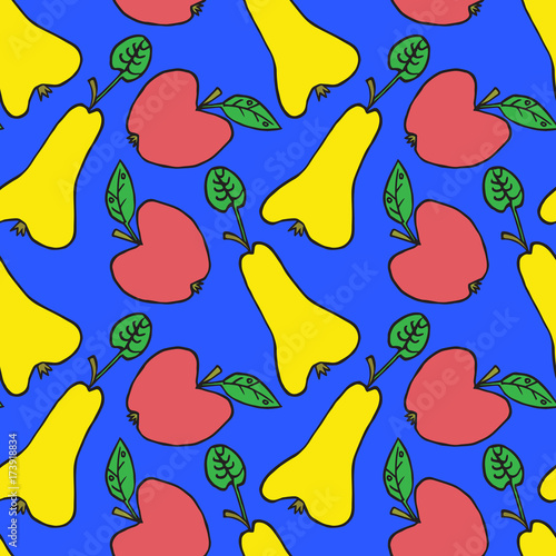 Apple and pear with leaf, hand drawn doodle, sketch in naïve, pop art style, seamless pattern design on blue background