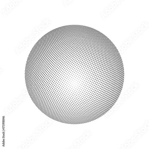 Abstract globe dotted sphere, 3d halftone effect vector background. Black and white vector illustration.