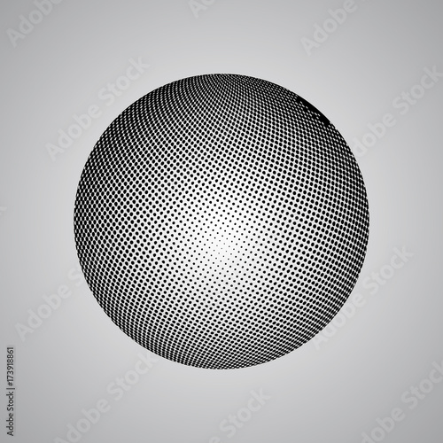 Abstract globe dotted sphere, 3d halftone effect vector background. Black and white vector illustration.