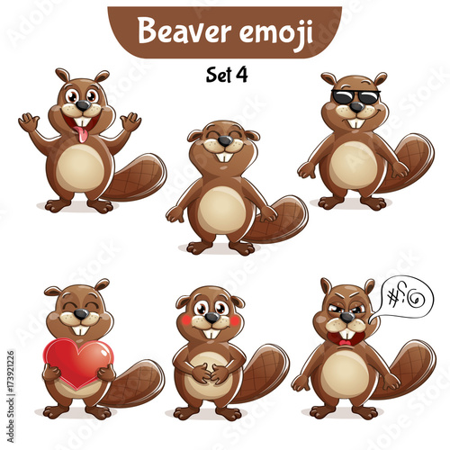 Vector set of cute beaver characters. Set 4