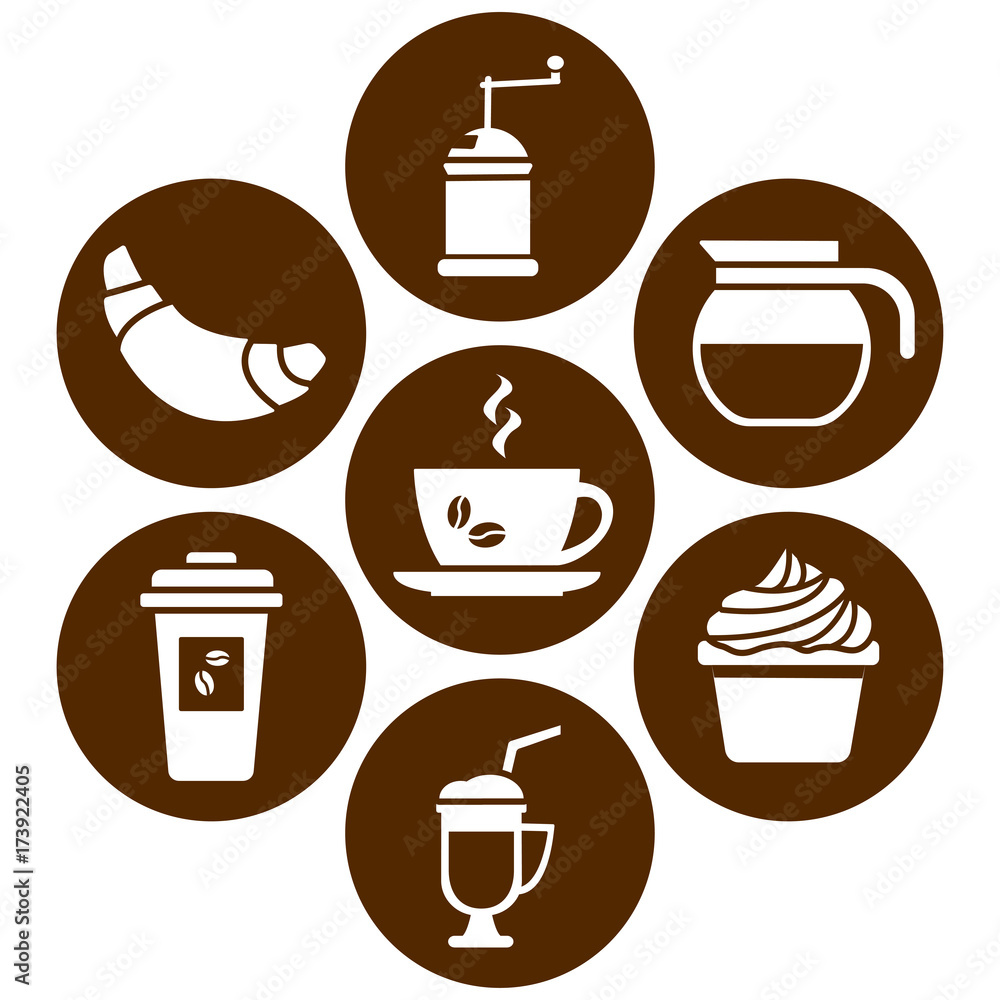 White set on brown background, icons on coffee theme, flat design, vector illustration White set on brown background, icons on coffee theme, flat design, vector illustration