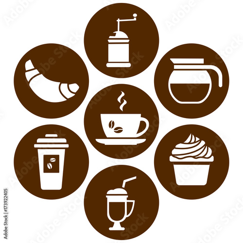 White set on brown background, icons on coffee theme, flat design, vector illustration