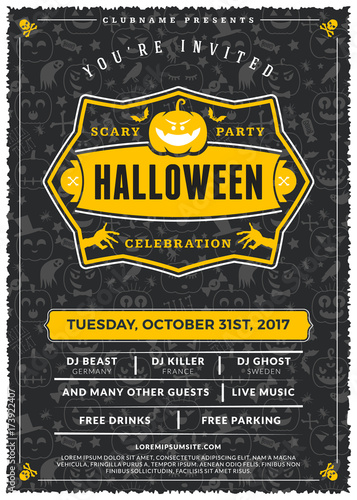 Halloween celebrations. Vintage label on the textured background. Typography poster or flyer template for Halloween party