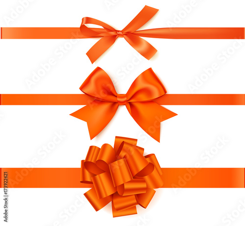 Set of beautiful autumn orange  bow with horizontal ribbon for page decoration or gift pack.