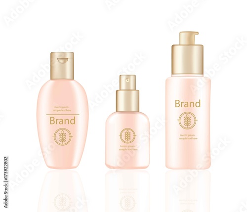 Cream and Lotion Cosmetics set Vector realistic mock up. Pink package Hydration cream bottles with logo. Perfect for advertising, flyer, banner, poster. 3d illustrations