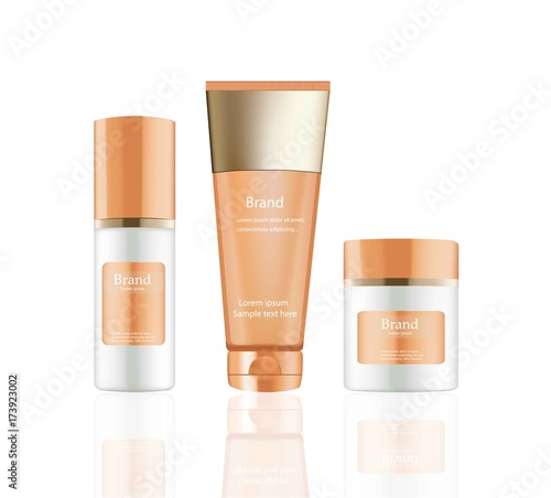 Cream and Lotion Cosmetics set Vector realistic mock up. Orange package Hydration cream bottles with logo. Perfect for advertising, flyer, banner, poster. 3d illustrations