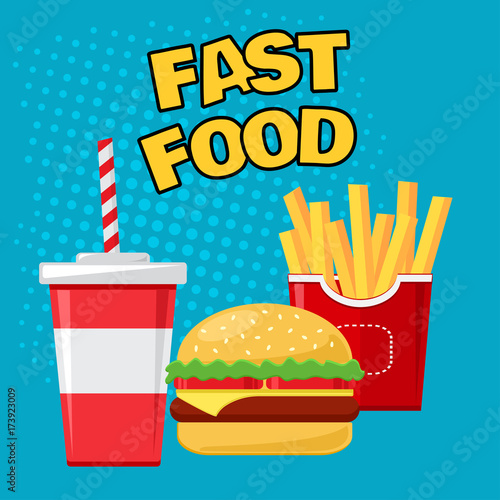 Fast food. Glass of soda with french fries and cheeseburger on blue background, colorful vector illustration