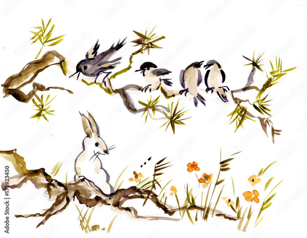 Rabbit and birds Stock Illustration | Adobe Stock