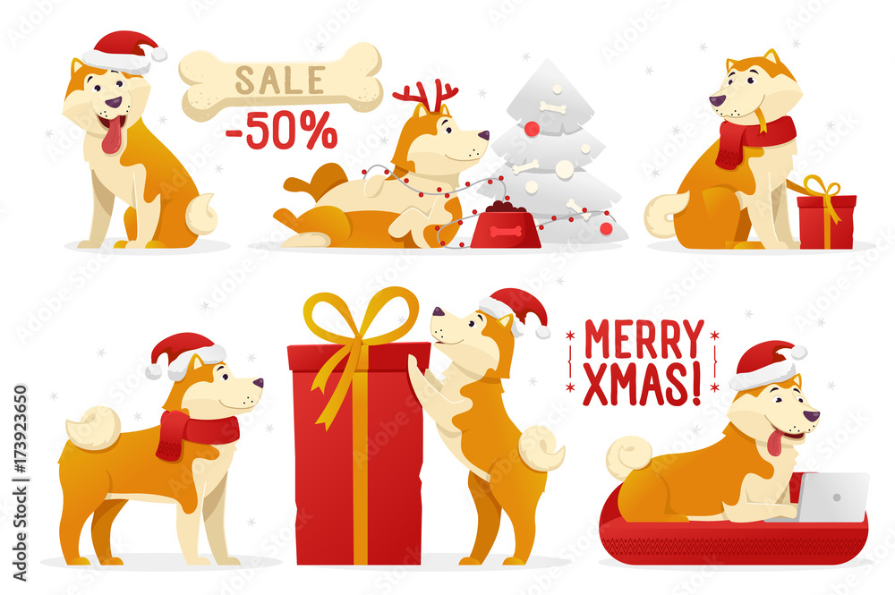 Christmas dog cartoon characters vector illustration. Yellow dogs in different poses vector flat design. New year set of dogs isolated on white background.