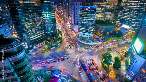 Timelapse Traffic at night in Gangnam City Seoul, South Korea photo
