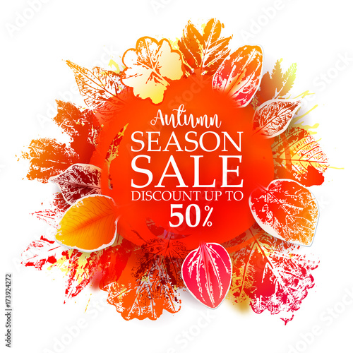 Season sale Vector background with ink stamp leaves and paint splashes. Autumn season business discount circle Frame. Hand drawn illustration for banners, posters. Paper cut design