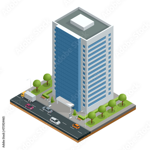 Isometric city houses composition with building and road isolated vector illustration. Collection of urban elements architecture, home, road, intersection, traffic light and cars