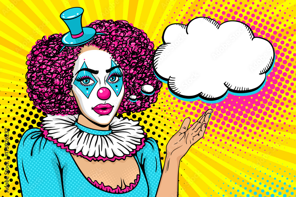Pop art female face. Sexy young woman with clown makeup and in costume  rises her hand