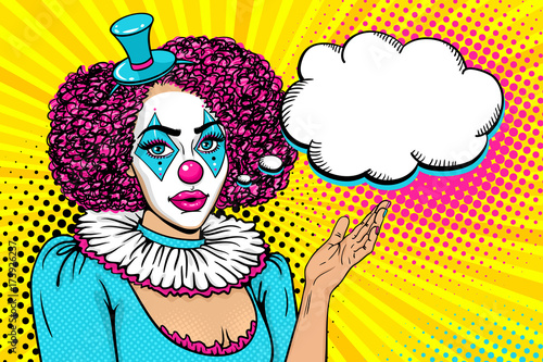 Pop art female face. Sexy young woman with clown makeup and in costume rises her hand and points on speech bubble. Vector illustration in retro comic style. Circus background. Party invitation poster.