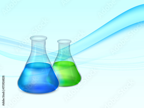 Abstract background with lab flasks with green and blue fluids and bubbles 