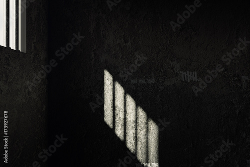 Schattenbild der Gitterstäbe scheint auf heruntergekommene Wand einer Gefängniszelle. 3d Rendering