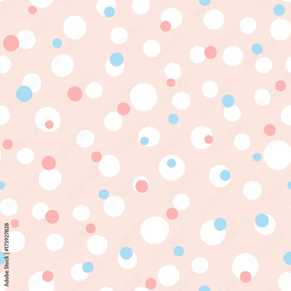 Circles drawn by hand. Cute seamless pattern. Randomly scattered round shape. Pastel. Pink, blue, white.