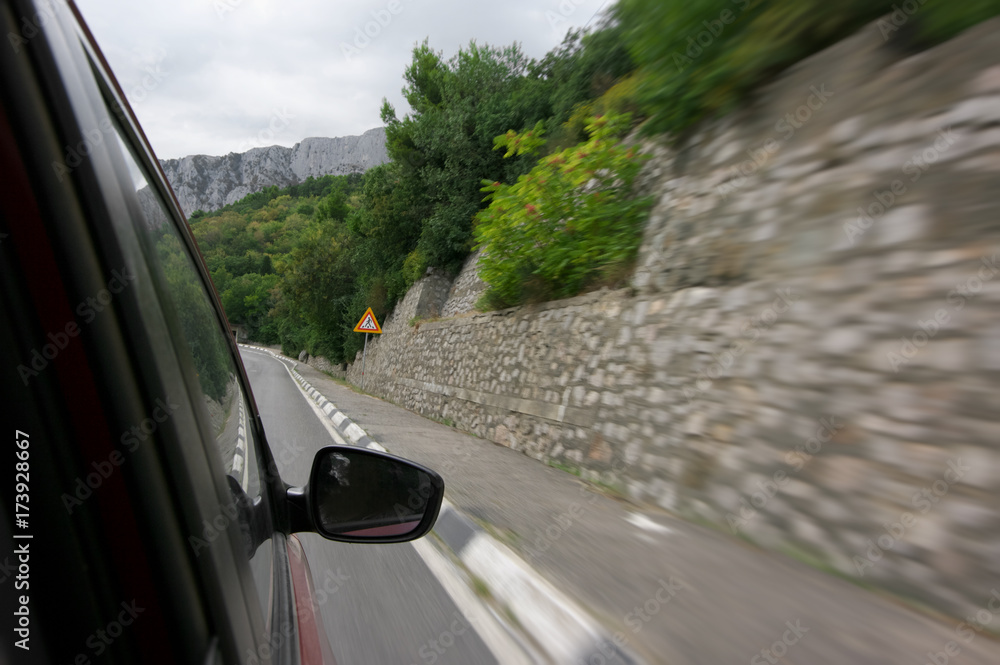 Forward view from speeding car