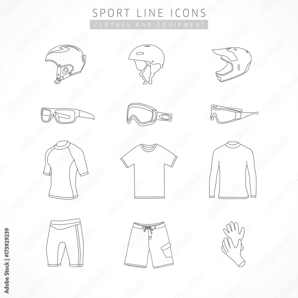 Set of active sport line icons. Vector icons of extrem sport equipment - helmet kite, snowboard, bike, sports glasses, ski goggles, sports shorts, t-shirt, neoprene gloves