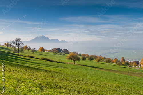 Amaing Autumn Landscape near mount Rigi and lake Luzerne, Alps, Switzerland