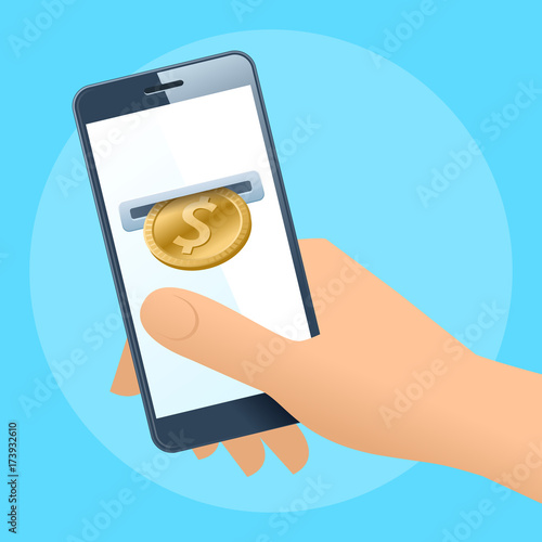 A human hand holding a mobile phone. A coin slot with gold dollar is inserting at the screen. Money, banking, online payment, buying, cash concept. Vector flat illustration of hand, phone, dollar coin