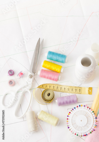 Colored sewing thread, supplies for sewing machine on white