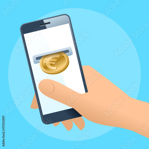 A human hand holding a mobile phone. A coin slot with gold euro is inserting at the screen. Money, banking, online payment, buying, cash concept. Vector flat illustration of hand, phone, euro coin.