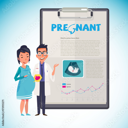 Pregnant female with doctor. Paperboard to present. infographic. Healthy Pregnancy concept - vector illustration