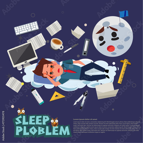 sleepless man character on the bed with his problem - vector illustration