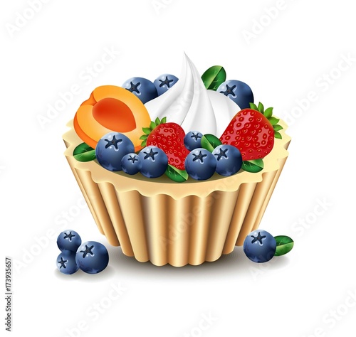 Delicious cupcake with realistic fruits Vector illustration