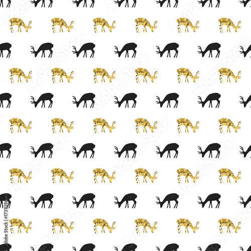 Christmas New Year seamless pattern with deer, reindeer. Holiday black background. Gold white deer. Xmas winter doodle decoration. Golden texture. Hand drawn vector illustration. Wrapping gift paper.