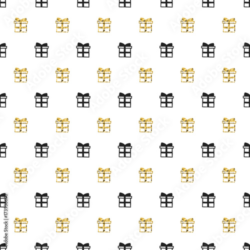 Christmas New Year seamless pattern with gift present. Holiday black background. Gold white gift. Xmas winter doodle decoration. Golden texture. Hand drawn vector illustration. Wrapping gift paper.