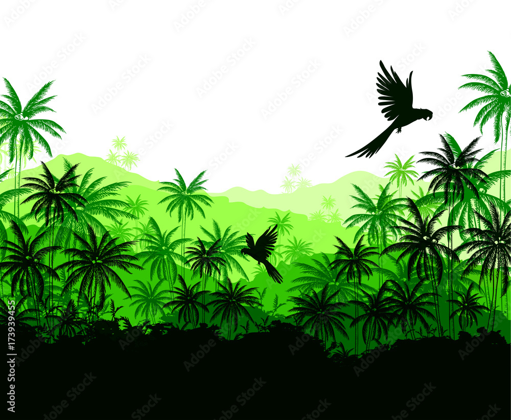 Green palms and parrots