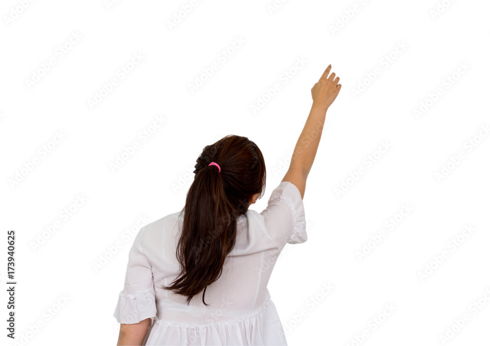 Girl making hand reaching over head, isolated on white background, clipping path Girl making hand reaching over head, isolated on white background, clipping path