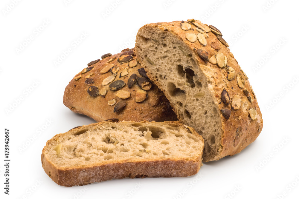Organic, rustic bread with pumpkin seeds isolated on white background. Clipping path included. Organic, rustic bread with pumpkin seeds isolated on white background. Clipping path included.