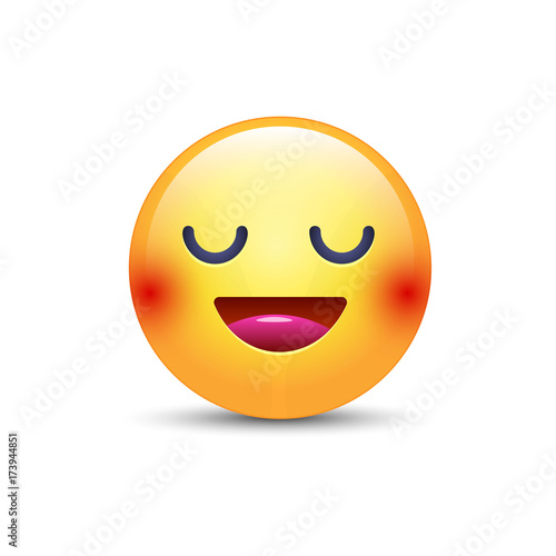Fun cartoon emoji smiley icon face. Happy smiling emoticon with closed eyes.