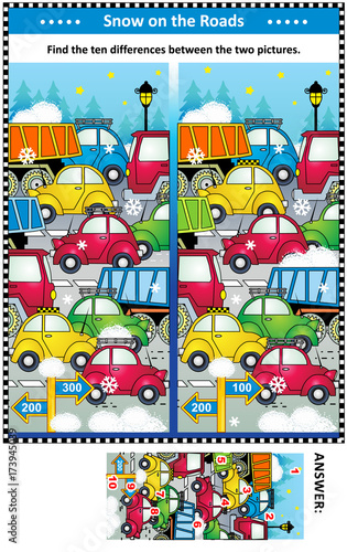 Winter traffic jam picture puzzle: Find the ten differences between the two pictures of cars and trucks on the road. Answer included.
