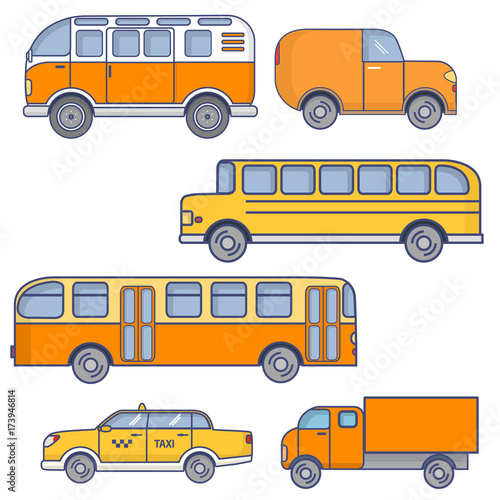 Set of city vehicles. Passenger urban bus. The school yellow bus for children. Retro tourist van. Taxi sedan car. The truck for delivery and transportation of goods.In flat linear style a vector.