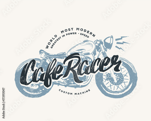 Murais de parede Cafe racer Vintage Motorcycle hand drawn t-shirt print