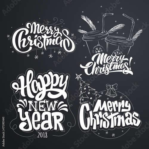 Merry Christmas. Happy New Year. Handwritten modern brush lettering, Typography set photo