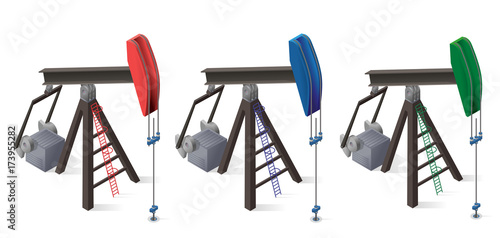 Three oil extraction pumps. Oil well industry production, oilfield equipment. Mining equipment typical of Texas and USA. Industrial self-propelled machine. Isolated master vector illustration.