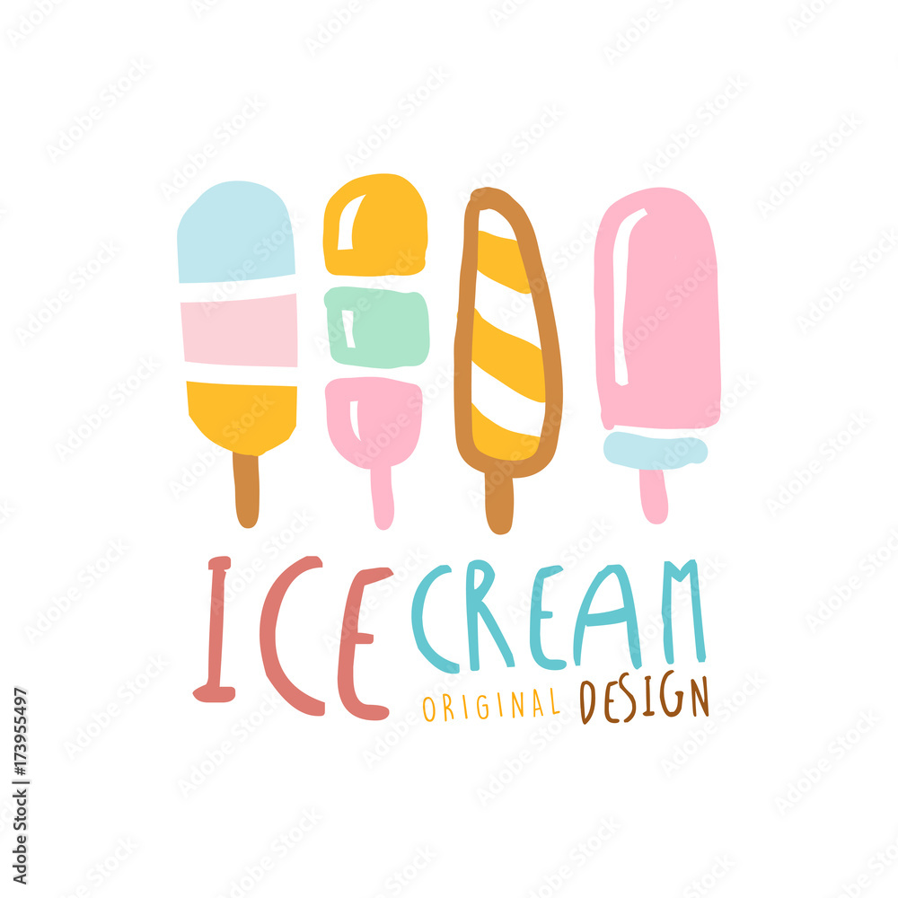 Ice cream logo design, element for restaurant, bar, cafe, menu, sweet shop, colorful hand drawn vector illustration Ice cream logo design, element for restaurant, bar, cafe, menu, sweet shop, colorful hand drawn vector illustration