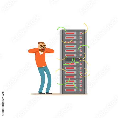 Anxiety technical specialist repairing server hardware equipment in the data center vector illustration